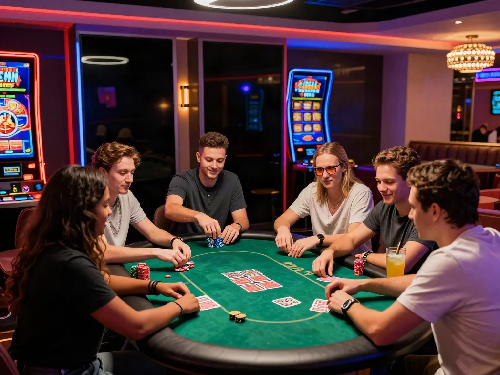 A lively group enjoying a game at a casino not on gamstop, showcasing camaraderie and excitement.