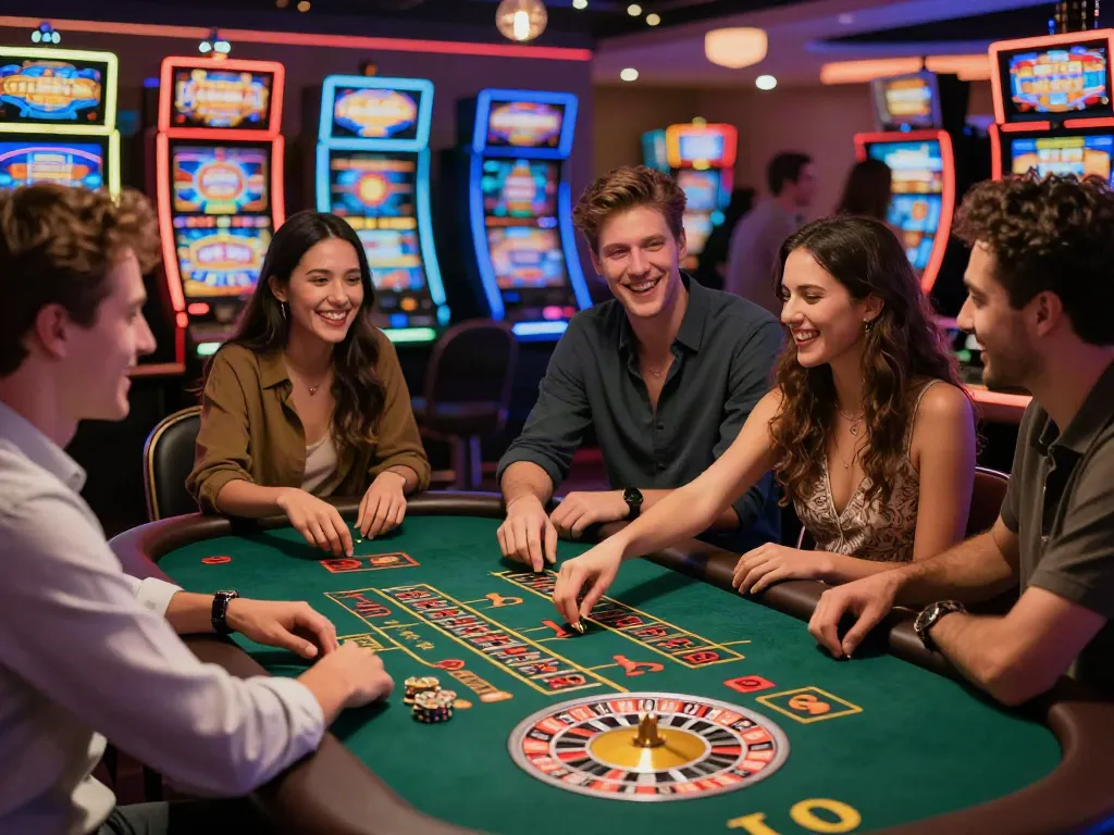 Friends enjoying games at a casino not on gamstop, highlighting a vibrant gaming atmosphere.