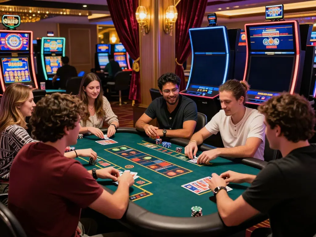 Engaged players enjoying games at a casino not on GamStop, vibrant atmosphere with colorful decor and gaming tables.