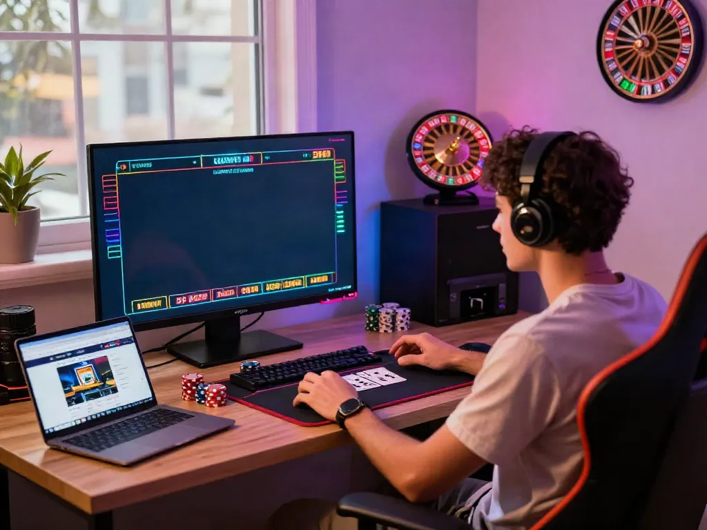 Player enjoying a casino not on gamstop experience in a vibrant gaming room with LED lights.