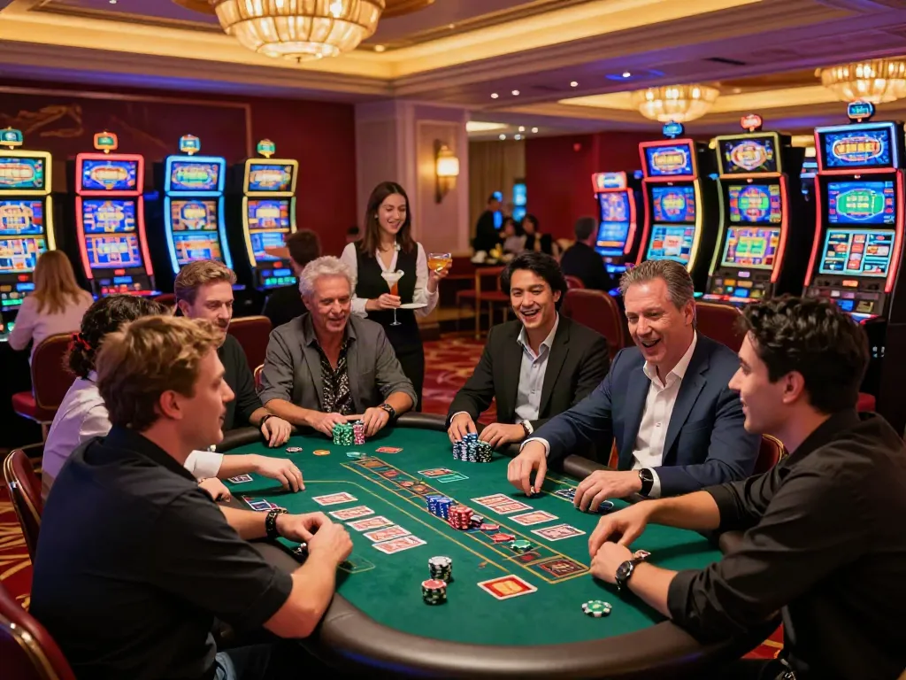 Exciting casino scene showcasing players at a blackjack table, emphasizing casinos not on GamStop and vibrant atmosphere.