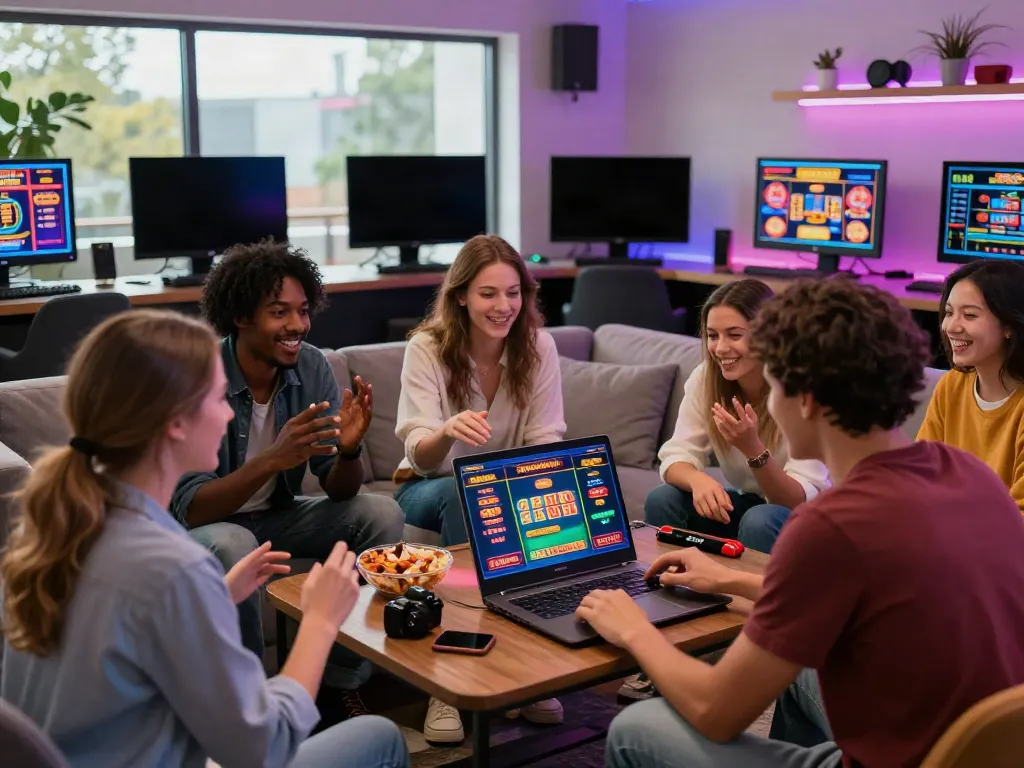 Friends enjoying a gaming night at a casino not on Gamstop, featuring a modern setup and lively atmosphere.