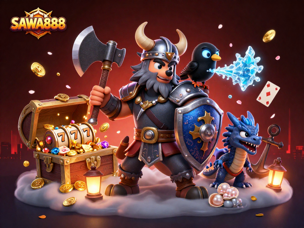Spin and win with SAWA888, featuring a cartoon Viking wolf and dragon in a lively casino scene.