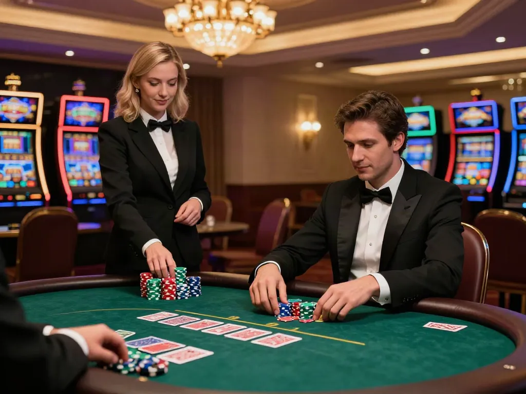Player enjoying poker in a luxurious casino not on Gamstop, with vibrant decor and inviting ambiance.