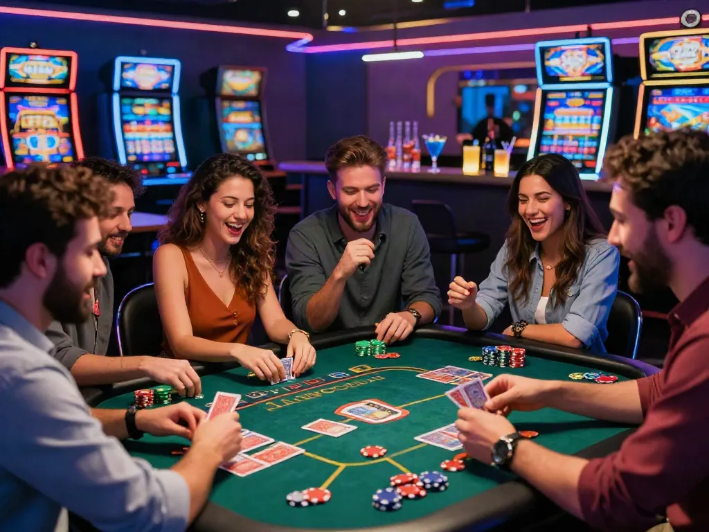 Excited friends enjoying gaming at a casino not on GamStop with vibrant atmosphere.
