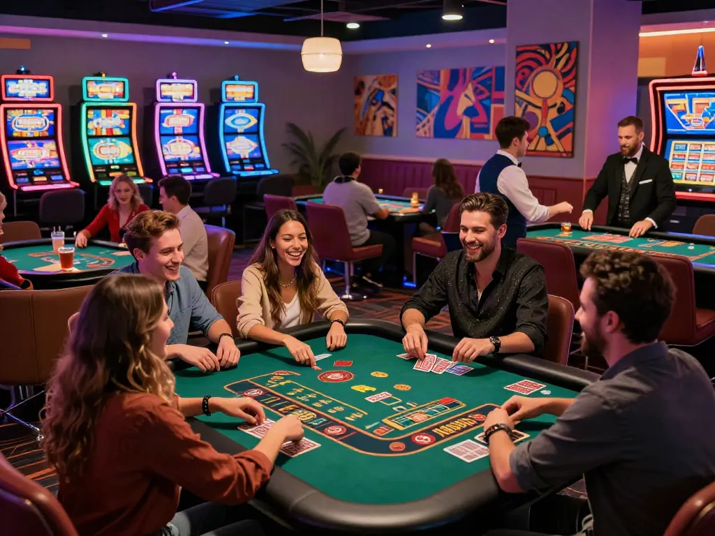 Exciting gaming experience at a casino not on GamStop, featuring players at roulette and blackjack tables in vibrant atmosphere.