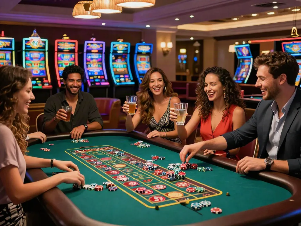Friends enjoying a lively casino not on GamStop, celebrating wins at a roulette table.