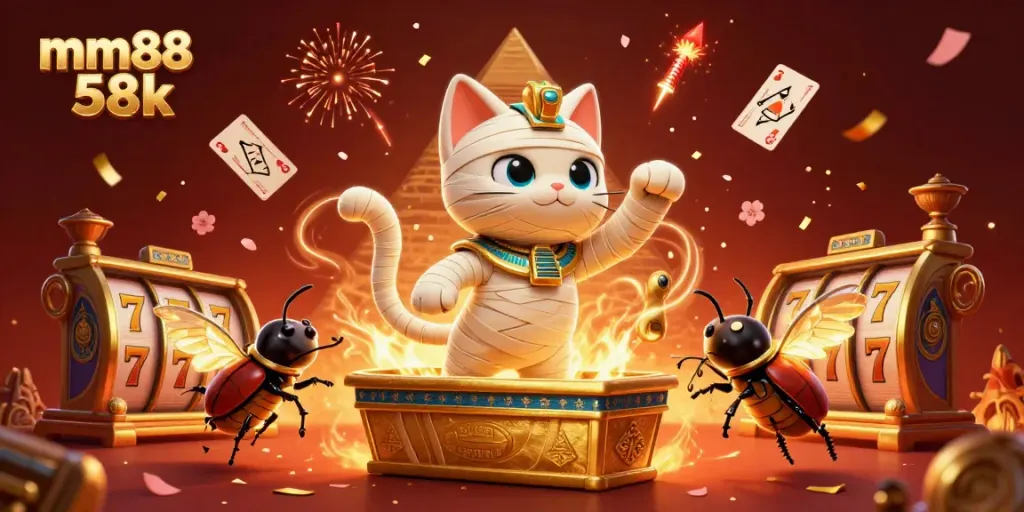 Win big with mm88 58k as a cartoon mummy bursts from a sarcophagus in a vibrant casino.