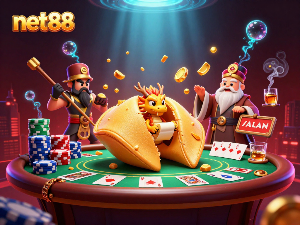 Experience thrilling gameplay at net88 with 3D characters and vibrant casino elements surrounding a poker table.