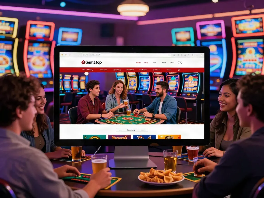 Engaging casino not on gamstop scene highlighting friends enjoying online gaming experience with vibrant casino background.