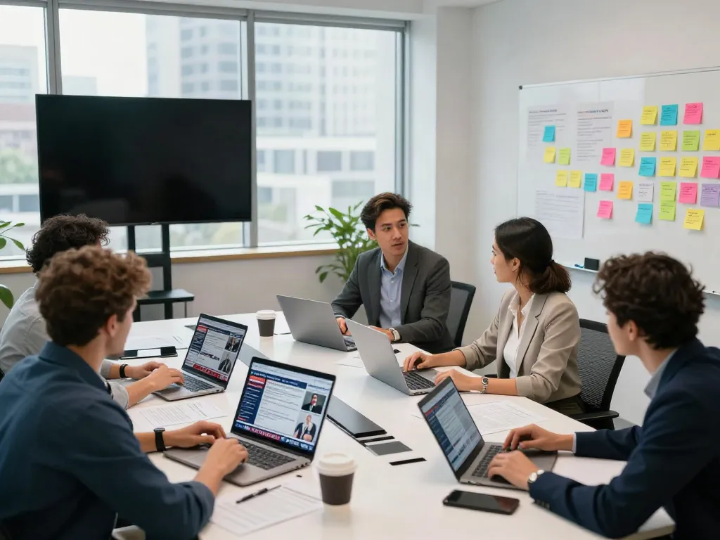 ABC News reviewed team collaboration in a dynamic modern newsroom atmosphere.