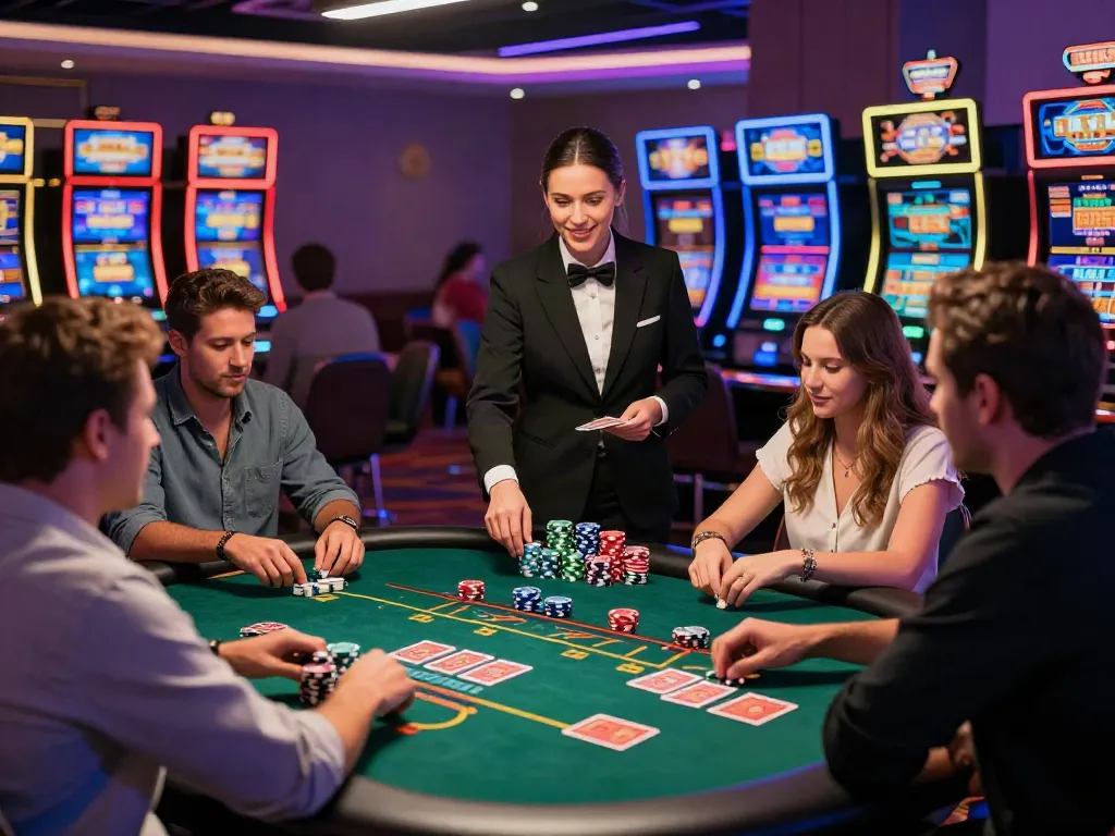 Engaged players at a casino not on gamstop enjoying a lively gaming atmosphere with vibrant lights.