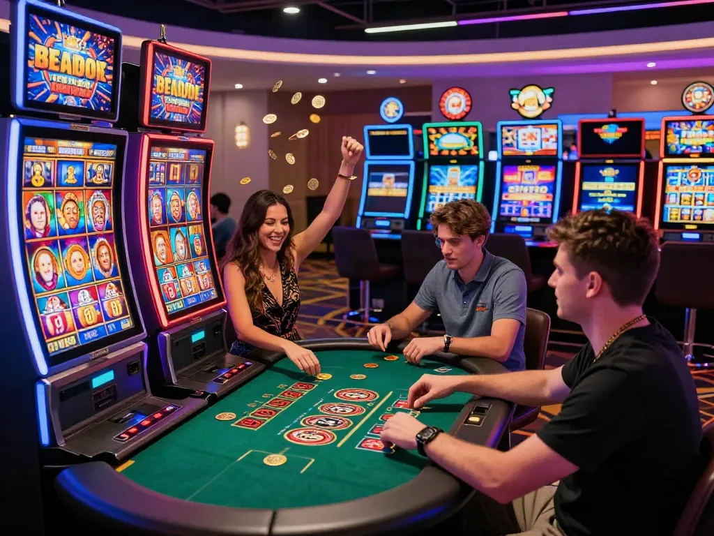 Casino not on GamStop vibrant gaming atmosphere featuring diverse players enjoying slots and table games