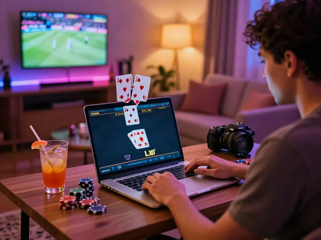 Player enjoying a casino not on gamstop experience at home with colorful chips and cards.