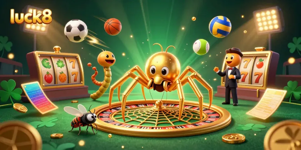 Luck8 game scene illustrating a golden spider dealer at a roulette wheel with dynamic slot elements.
