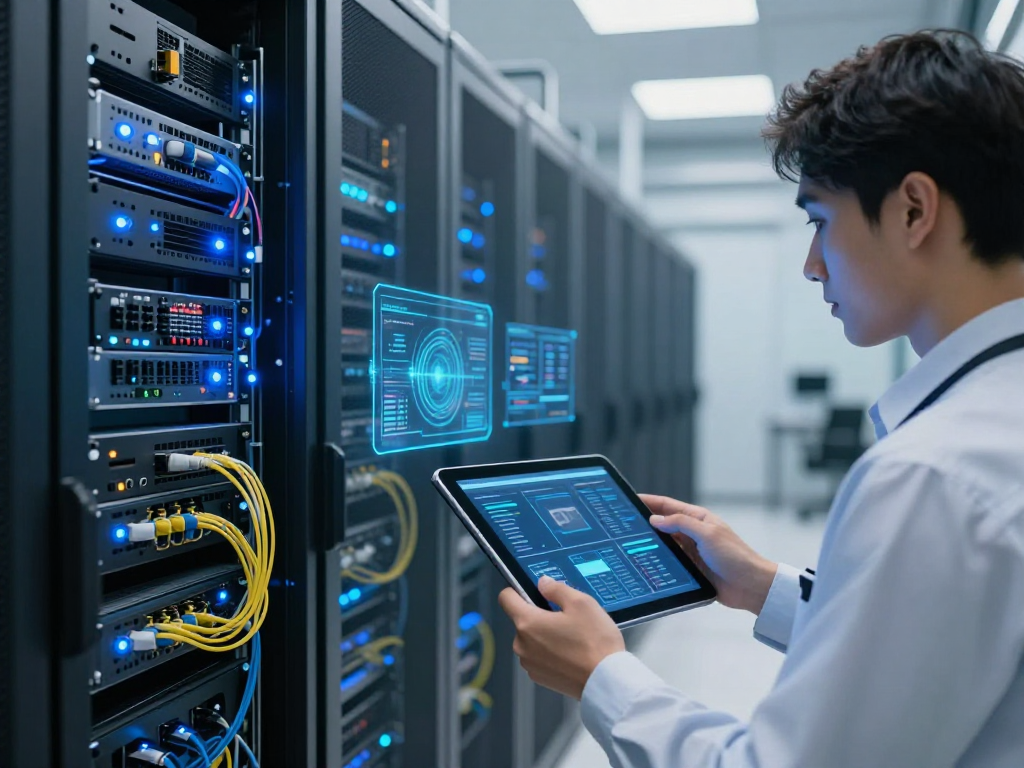 IPTV panel in a modern data centre with server racks, showcasing advanced cloud computing and digital platform technology.