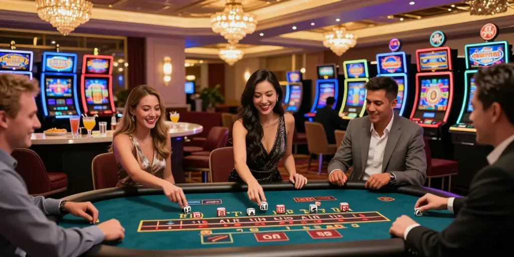 Exciting night at a vibrant casino not on Gamstop with players enjoying games and lively atmosphere.