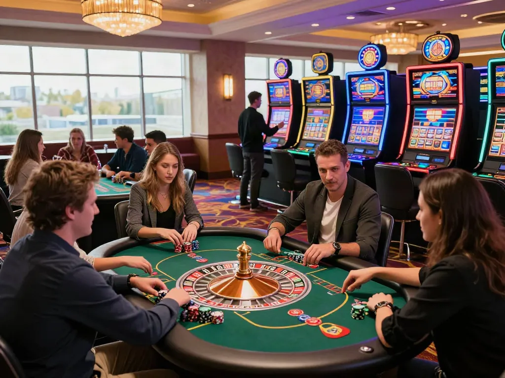 Exciting atmosphere of a vibrant casino not on GamStop with players enjoying games.