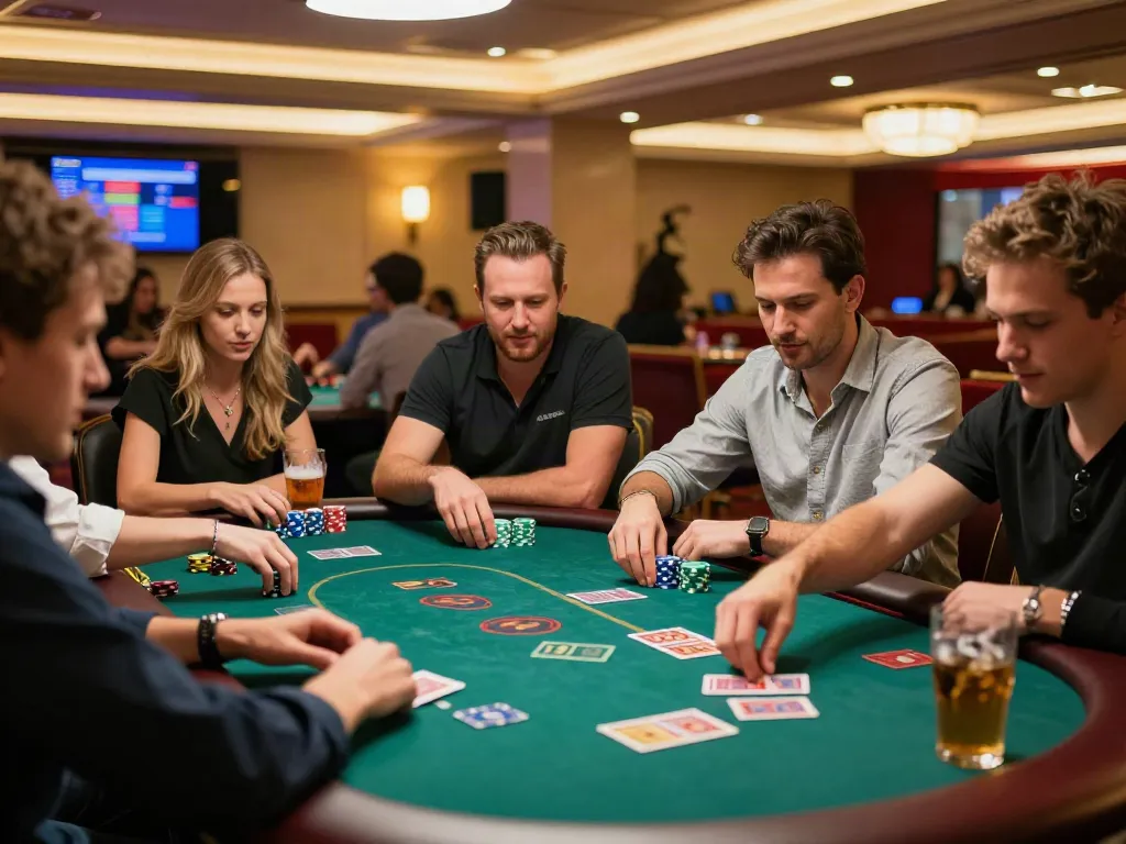 Players enjoying a game at a casino not on Gamstop, vibrant atmosphere with chips and drinks.