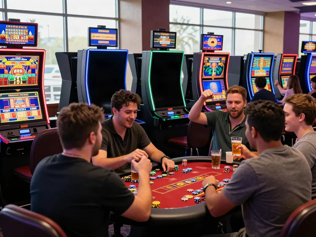 Excited players celebrating a win at a casino not on GamStop, showcasing vibrant gaming environment.