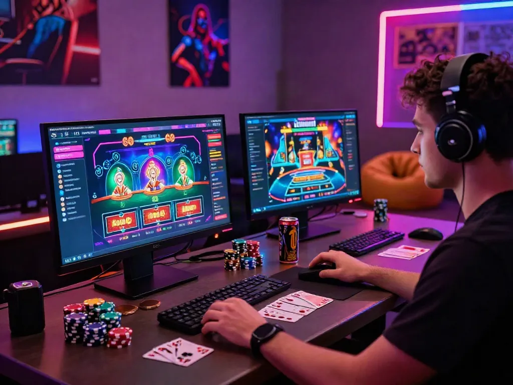 Player enjoying casino not on Gamstop games at a vibrant gaming setup.