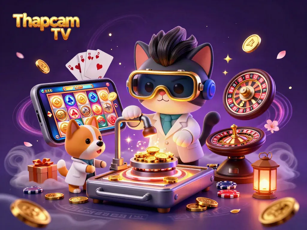 Thapcam TV showcases a vibrant casino scene with a mad scientist cat, a dog assistant, and dynamic gambling elements.