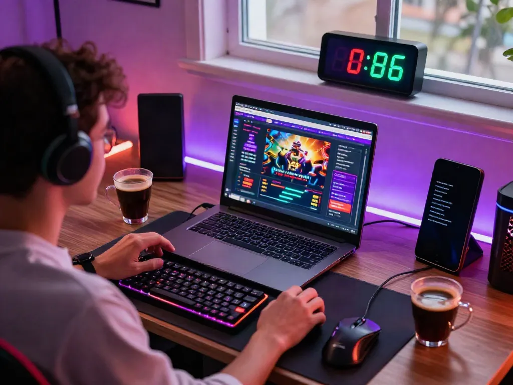 Player enjoying thrilling online gaming experience at casino not on gamstop, with vibrant setup including laptop and gaming accessories.