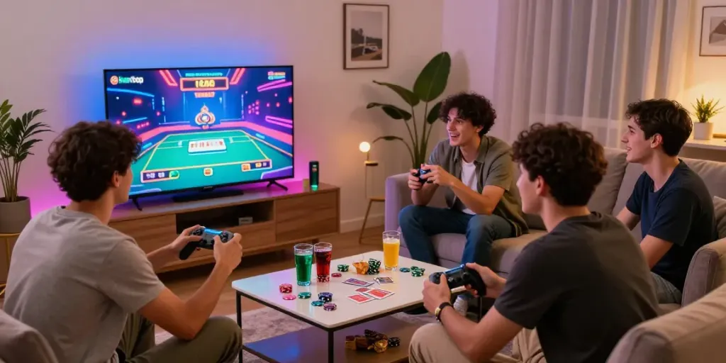 Friends enjoying online casino games not on GamStop in a cozy living room with vibrant lighting.