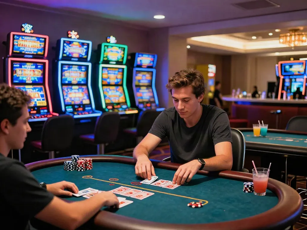 Casino not on Gamstop, player enjoying diverse gaming options in a vibrant casino.