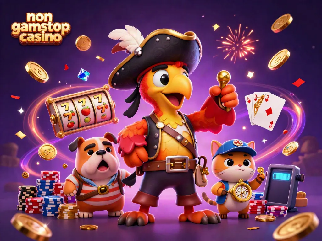 Experience the thrill at a non gamstop casino with a lively scene of whimsical characters and casino games.