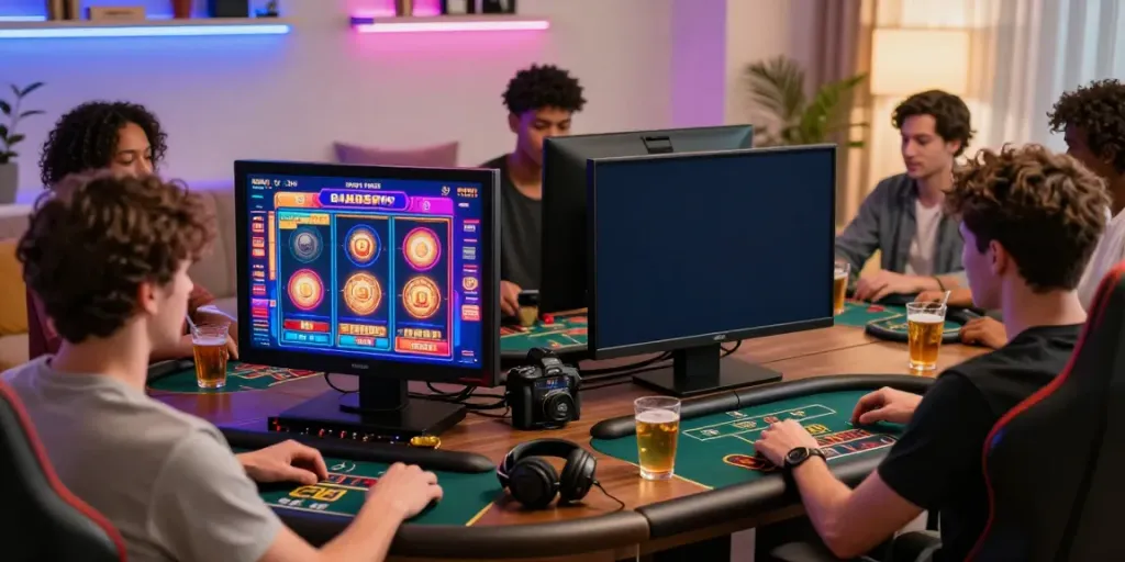 Players enjoying various online games at home, showcasing casino not on gamstop scene.
