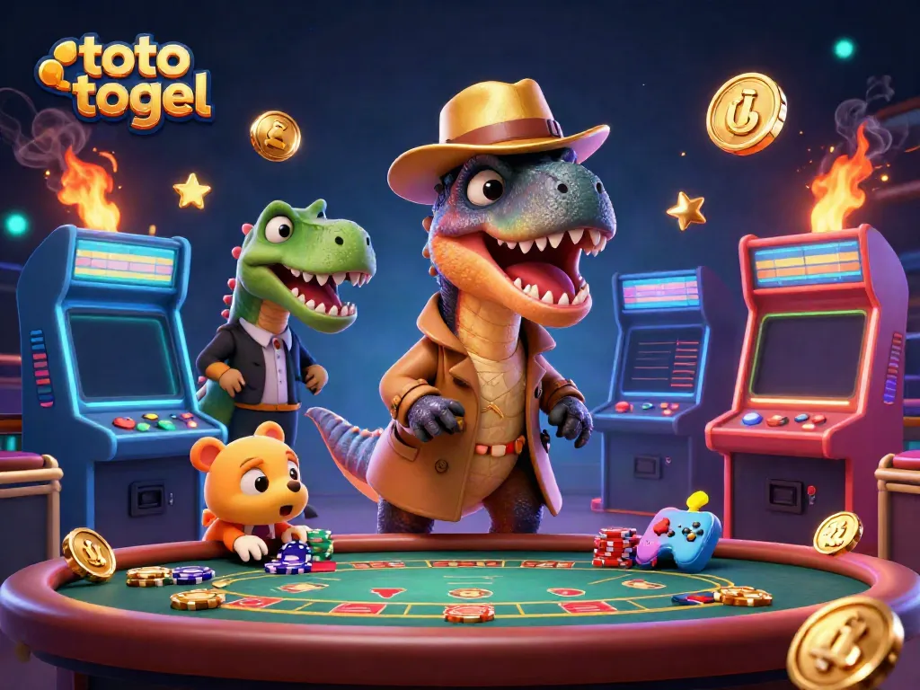 Experience thrilling action in toto togel with a velociraptor card counter in a lively casino scene.