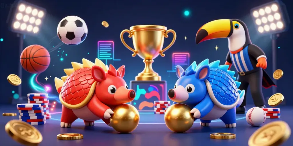 Experience thrilling moments in gambling with the 8x bet pangolin showdown amidst sports balls and poker chips.