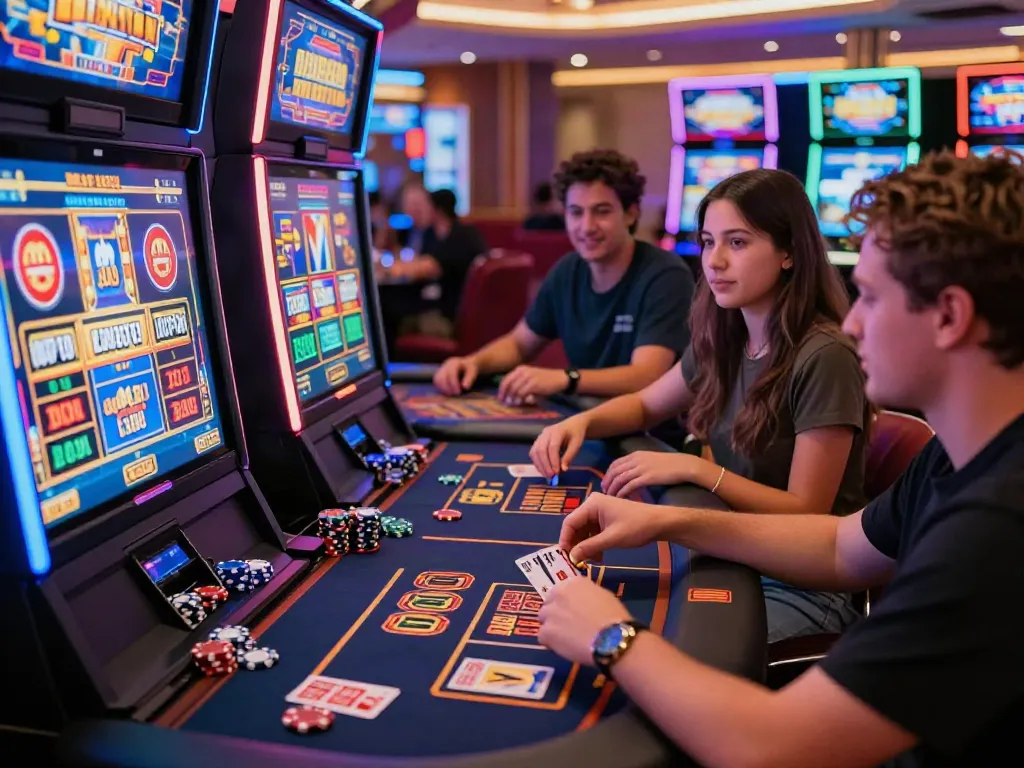 Players enjoying games at a vibrant casino not on GamStop, featuring slot machines and card tables