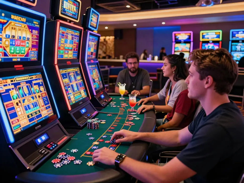 Engaging online casino scene featuring players enjoying games at stations, highlighting casino not on gamstop.