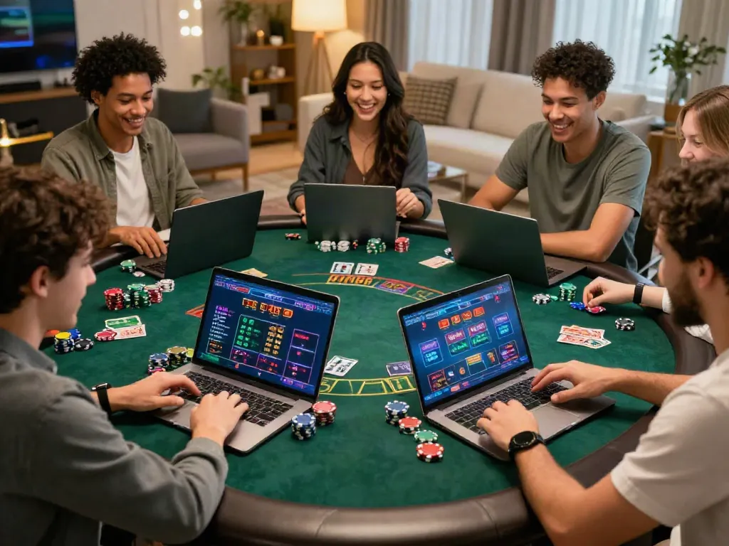 Engaged players enjoying a game of blackjack at a casino not on GamStop, lively atmosphere with chips and cards.