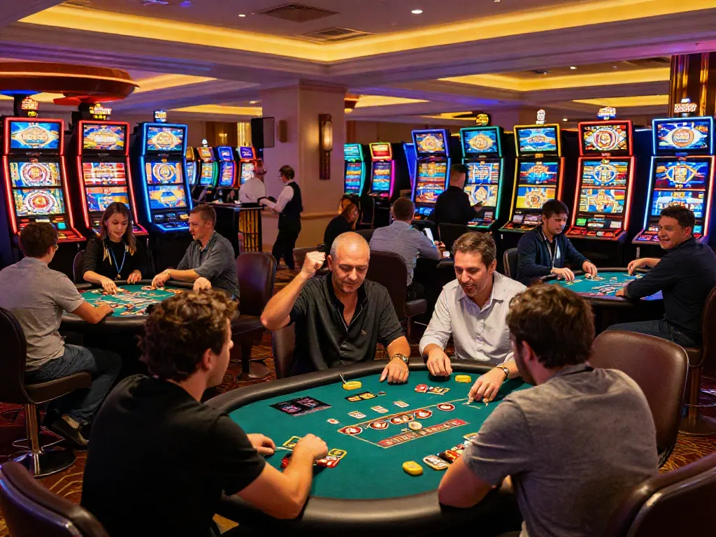 Players enjoying gaming at a vibrant casino not on GamStop, highlighting excitement and community during a lively evening.