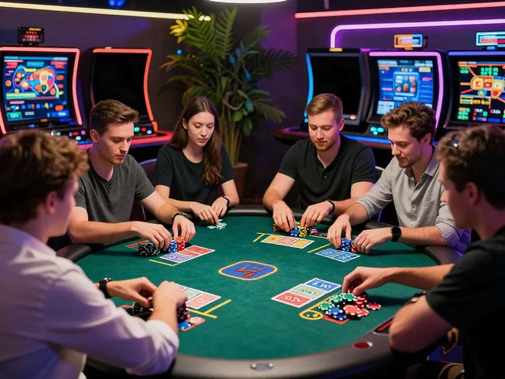 A lively group playing at a casino not on GamStop, illuminated by neon lights and exciting atmosphere.
