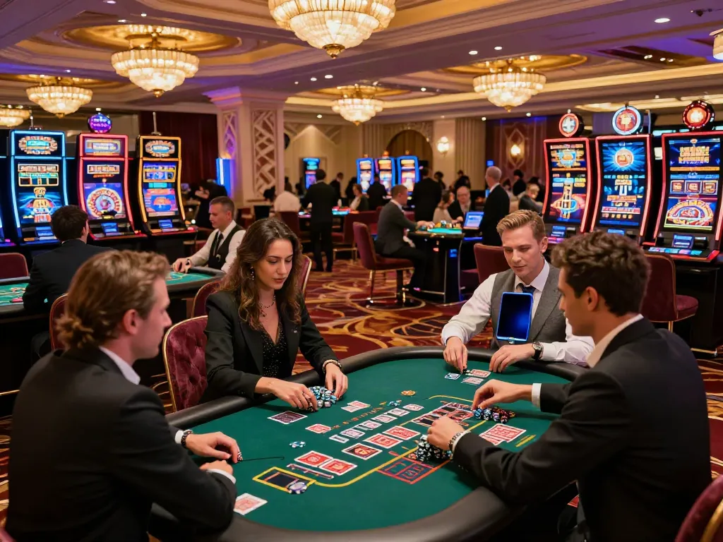 Engaging casino scene highlighting excitement at a casino not on GamStop with players at vibrant gaming tables.