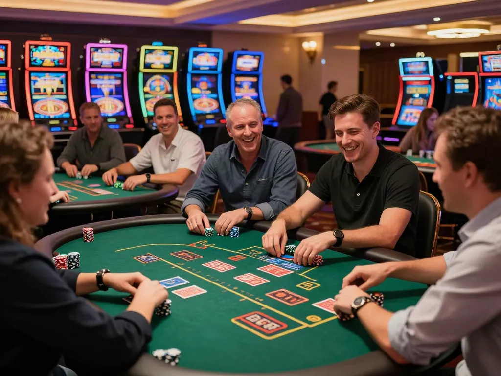Players enjoying a lively casino not on GamStop atmosphere with chips and colorful slot machines