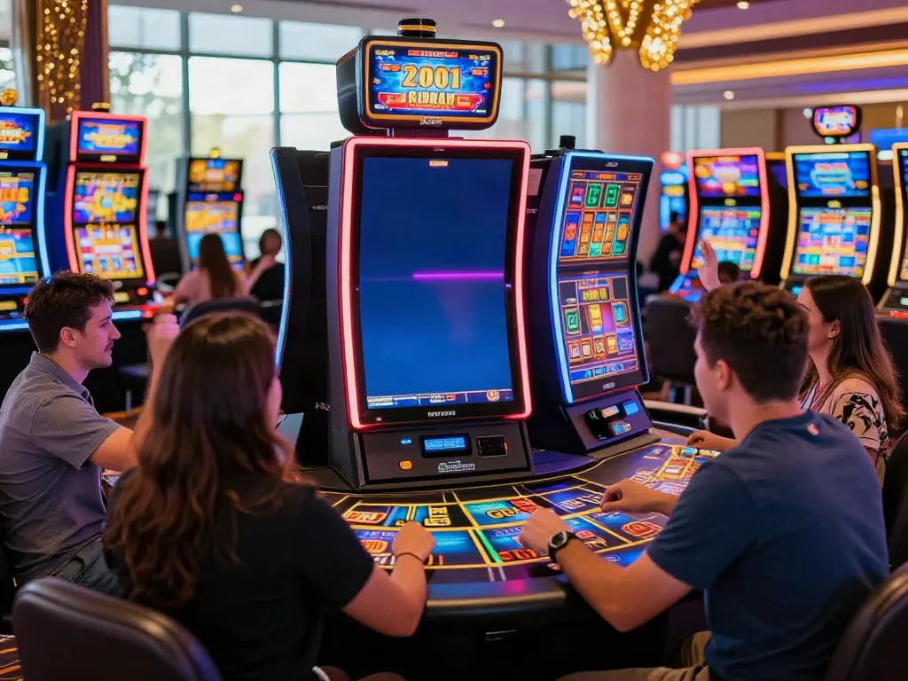 Exciting players celebrating wins at a casino not on GamStop with vibrant gaming tables and colorful slots.