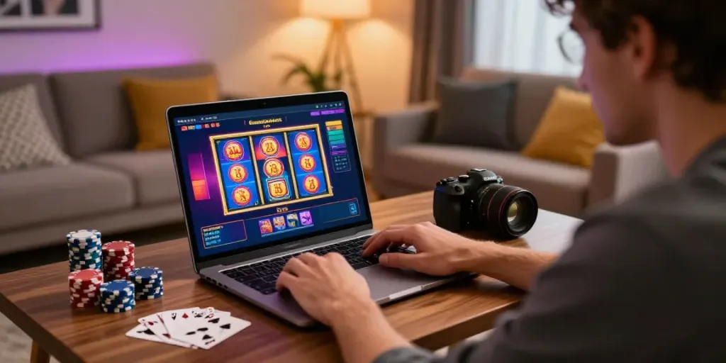 Person playing at a casino not on gamstop in a cozy living room.