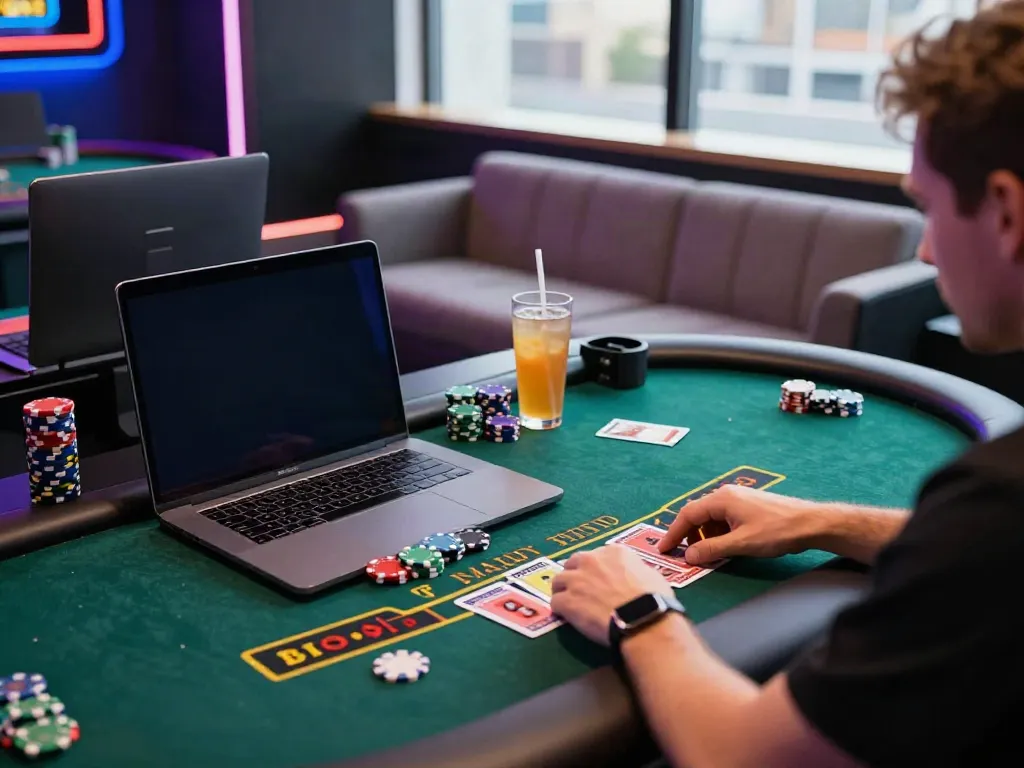 Exciting gaming scene highlighting a player at a casino not on GamStop, surrounded by chips and cards.