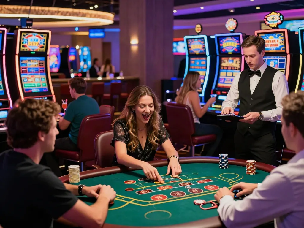 Casino not on Gamstop scene showcasing players engaged in gaming activities, vibrant atmosphere.