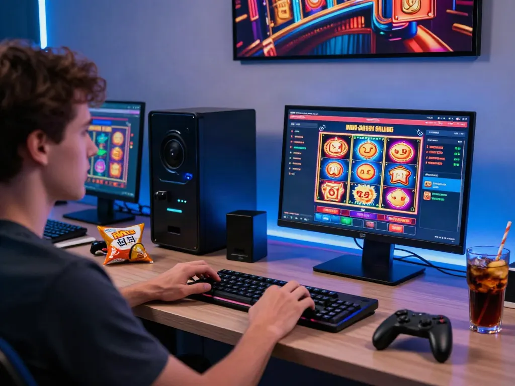Online gambler exploring a casino not on GamStop with vibrant graphics and snacks