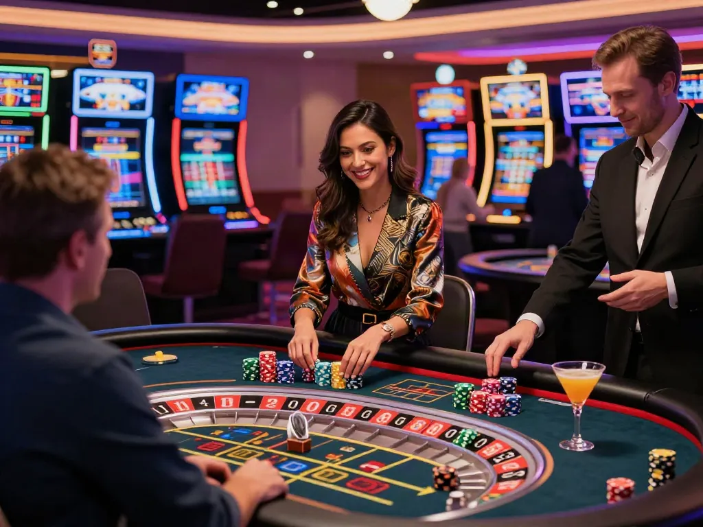 Player at a lively casino not on Gamstop, engaging in roulette with vibrant lights and chips.