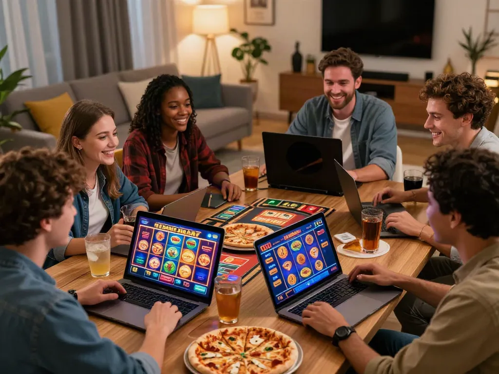 Friends playing casino not on gamstop in a lively gaming room with laptops and ambient lighting.