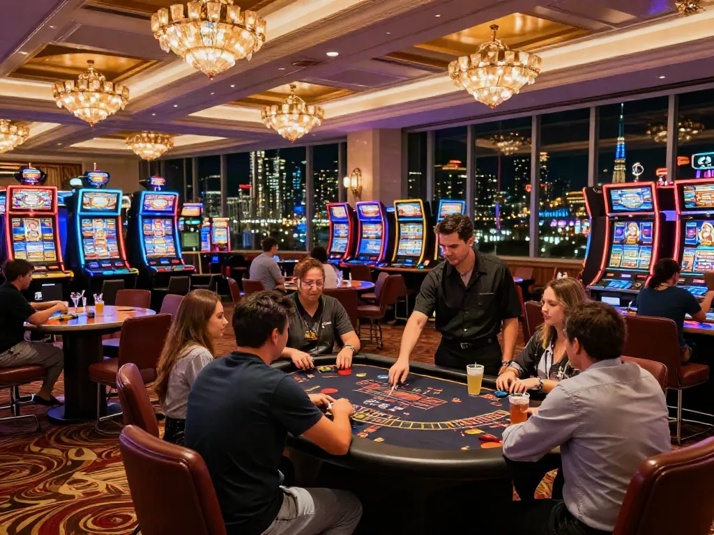 Casino not on GamStop gaming floor with vibrant machines and players engaged in games.