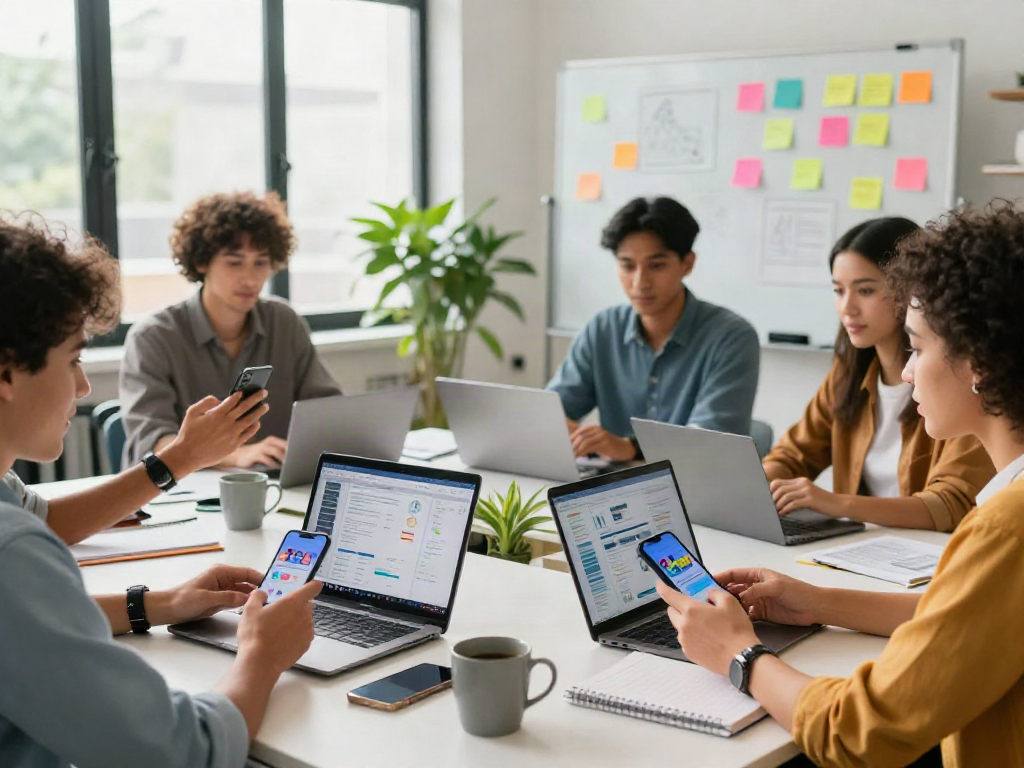 A diverse marketing team collaborating with social media strategies, including ai slut engagement tactics.