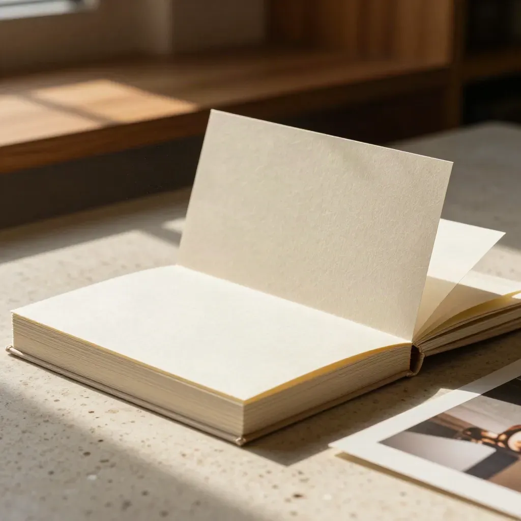 Case study booklet proofs, quote card, and print stack on pale travertine in warm sunlight.